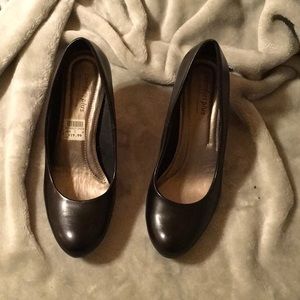 Black faux leather heels